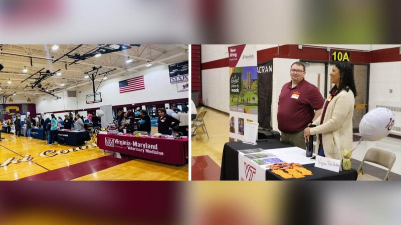 Exhibitors at their exhibit tables in the Pulaski County High School gym for the Pulaski County High School Opportunities Fair.