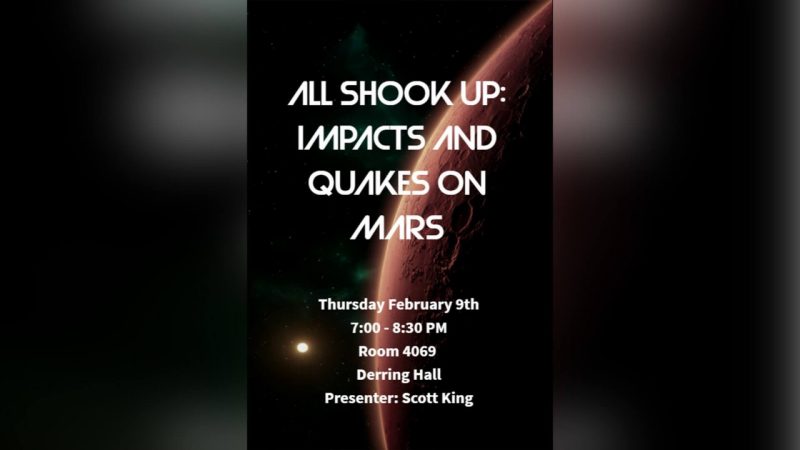 All Shook Up: Impacts and Quakes on Mars - Thursday February 9th, 7-8:30pm, Room 4069, Derring Hall, Presenter: Scott King