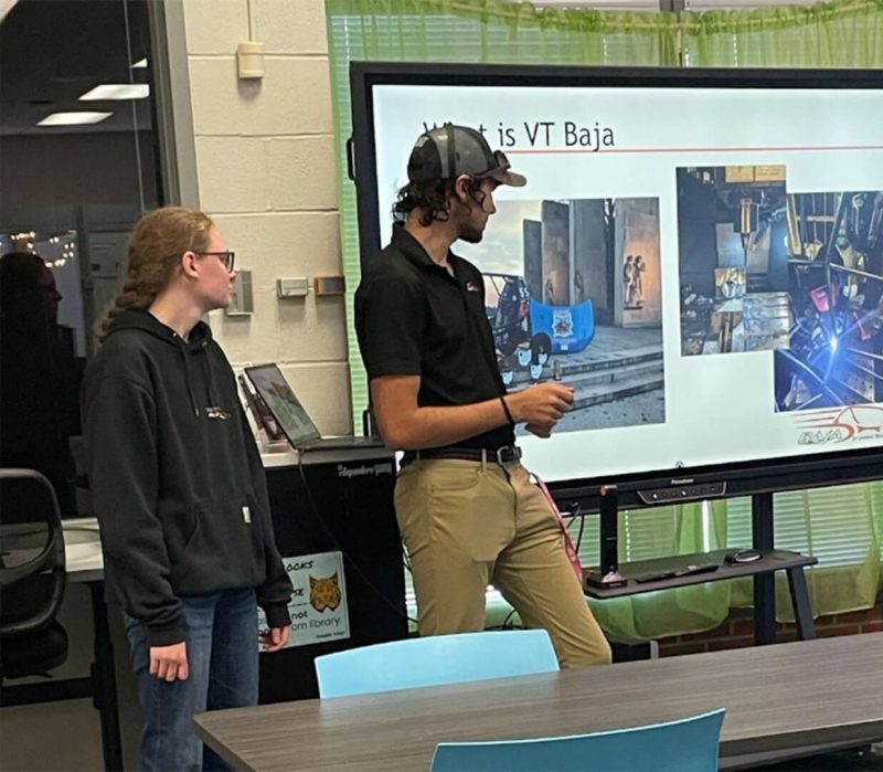Daniel Taminger and members of VT’s Baja Racing Team talk to Radford High School students about careers in mechanical engineering at the school’s Bobcat Career Chat.