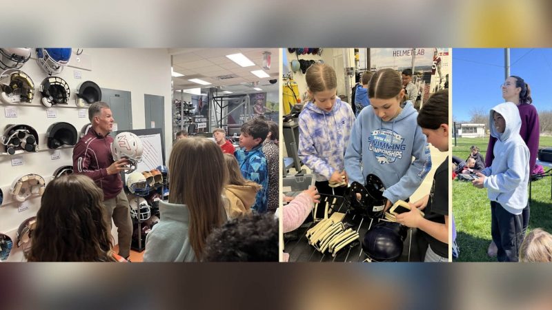 from left: 1- Adult holding a football helmet talking to a group of fifth-grade students in a testing lab room with helmets on the wall and equipment in the background. 2- 3 fifth-grade students taking apart a football helmet. 3- Fifth-grade student operating a drone remote control with an adult standing next to him.